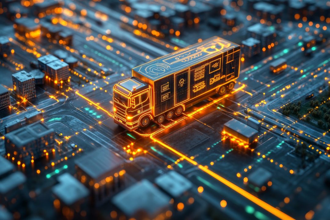 GPS tracking in logistics, digital map, fleet management technology. Generative AI